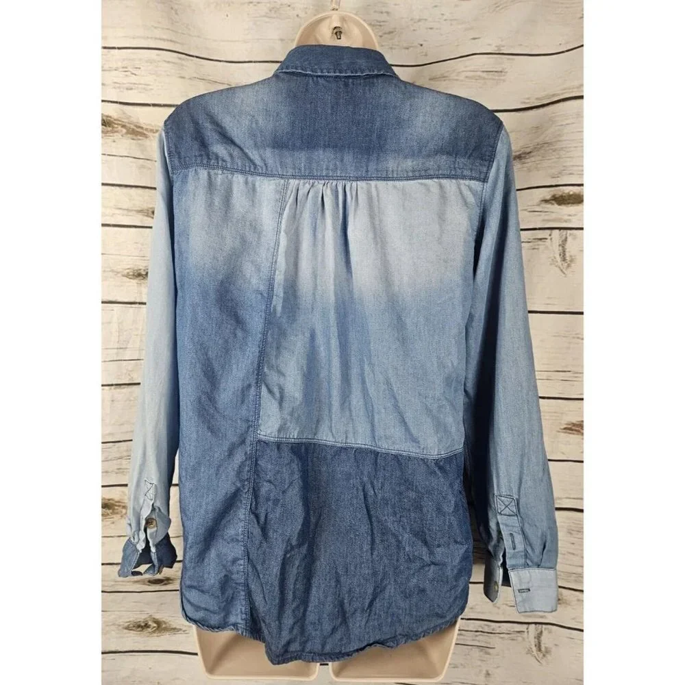 Anthropologie Pilcro Chambray Patchwork Top XS Denim Button Western Lyocell - Picture 4 of 7